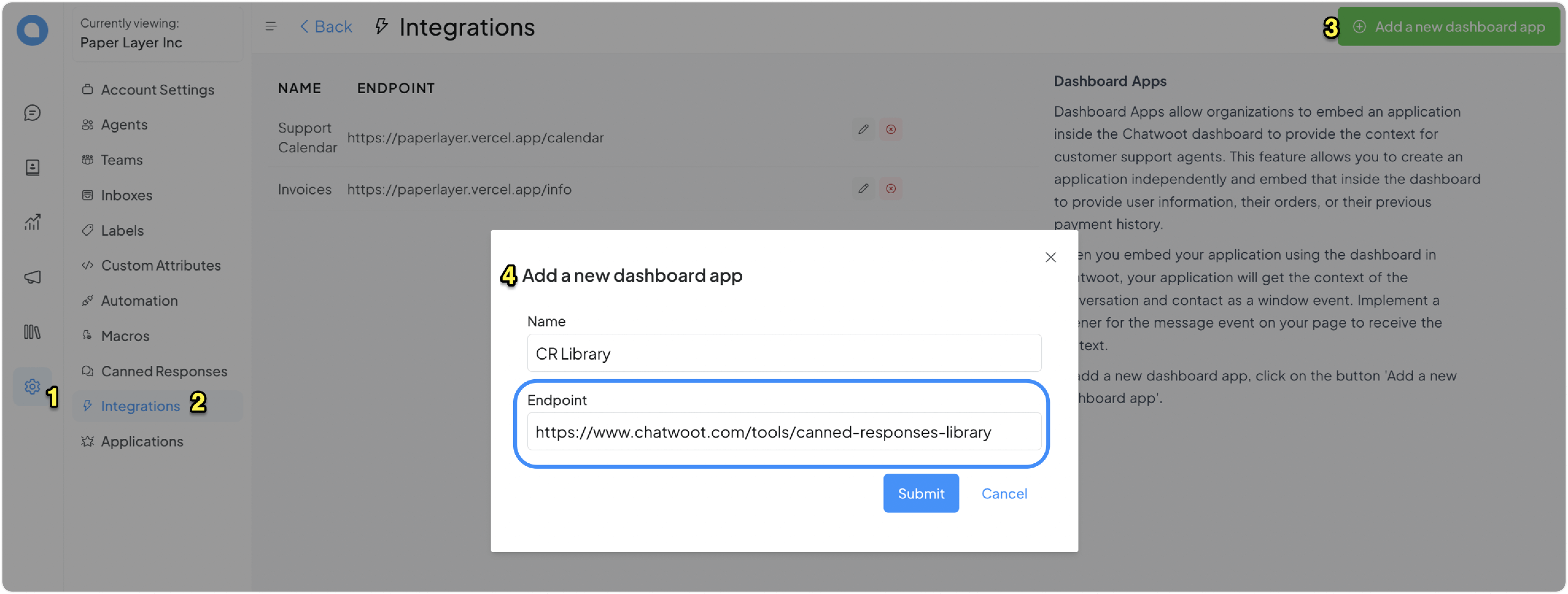 adding a dashboard app in chatwoot