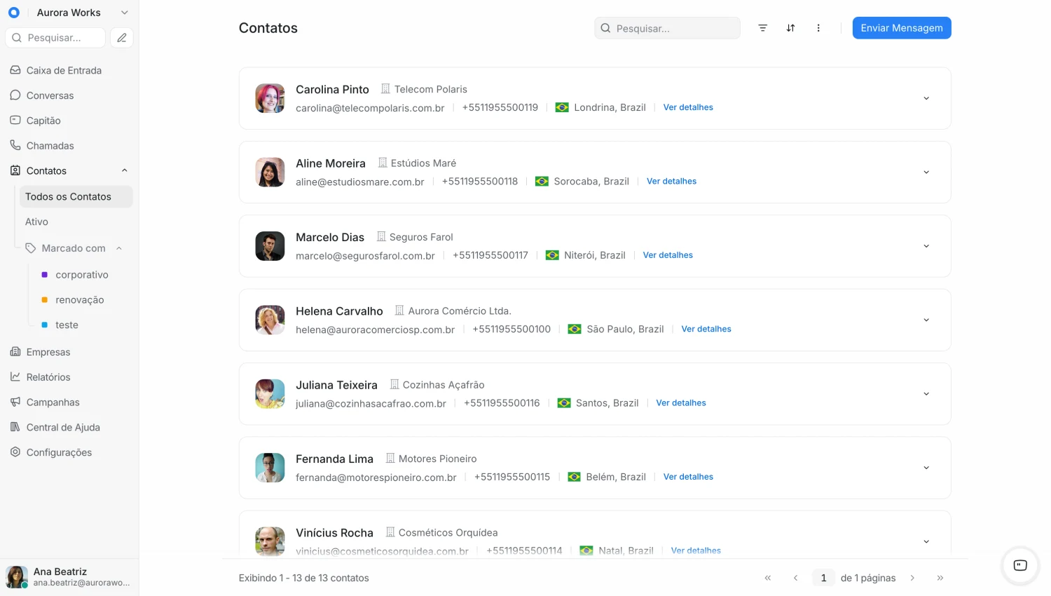 Lista de contatos do Chatwoot com o nome, a empresa, o e-mail, o telefone e a localização de cada contato, e as etiquetas na barra lateral.