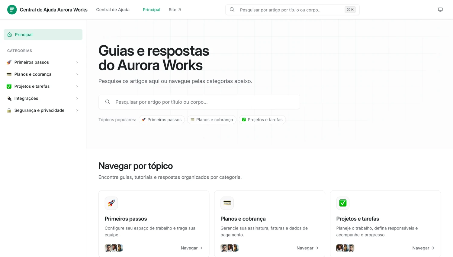 Um Help Center público criado com o Chatwoot, com barra de busca, tópicos populares e categorias de artigos.
